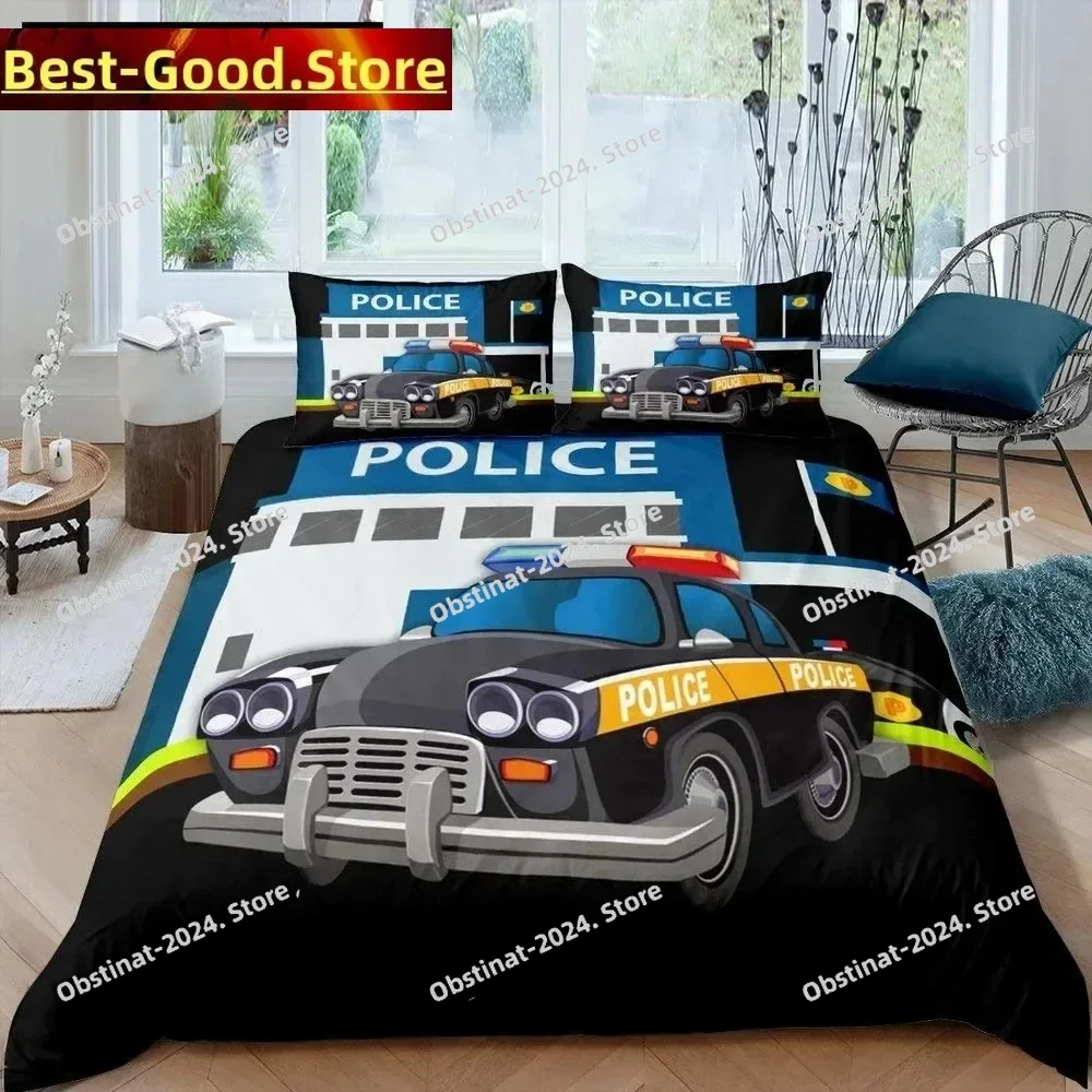 

Police Car King Queen Duvet Cover Cartoon Car Bedding Set Kids Boys Blue Grey Emergency Responder Vehicles Polyester Quilt Cover