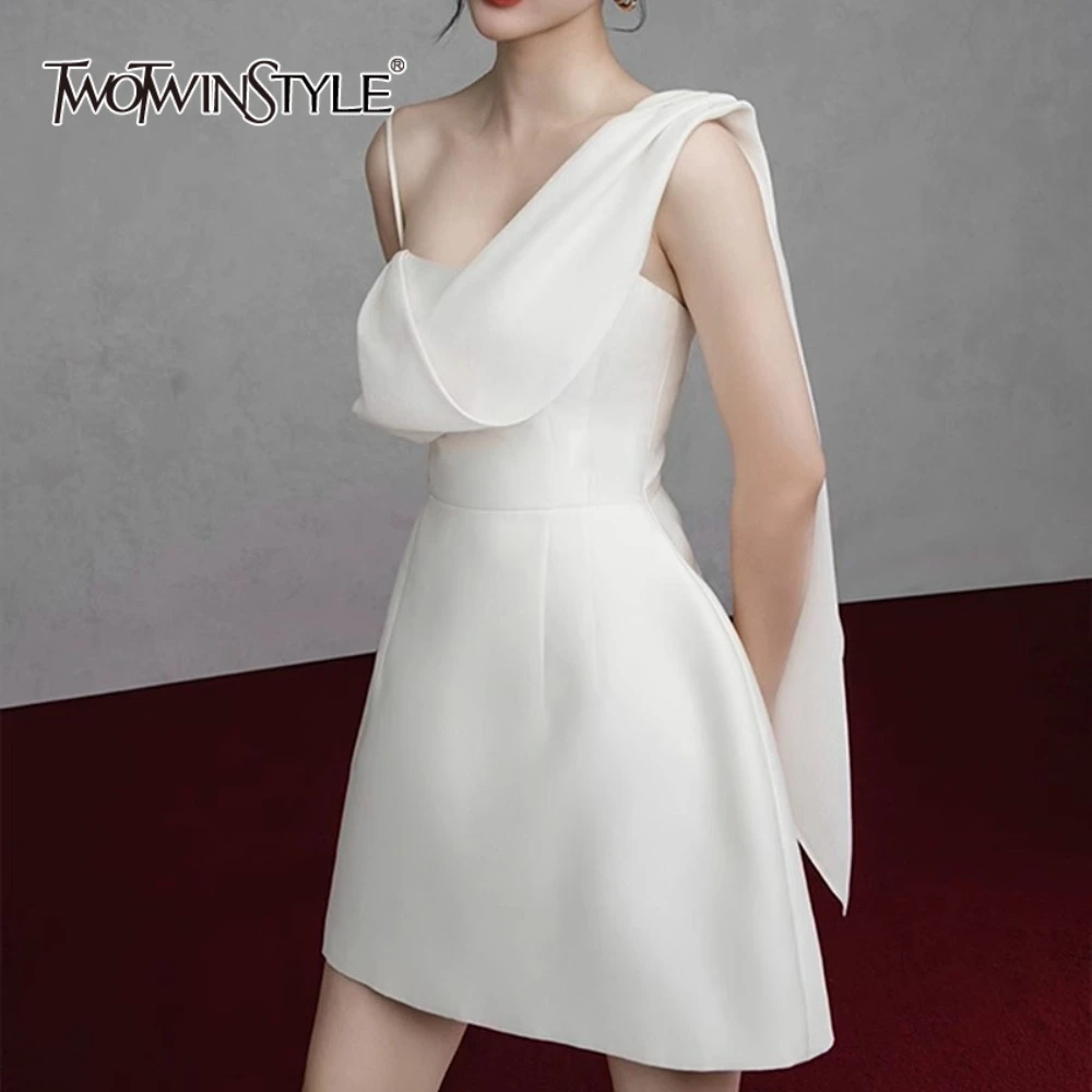 

TWOTWINSTYLE Solid Slimming Elegant Dresses for Women Diagonal Collar Sleeveless Irregular Evening Dress Female Fashion Clothing