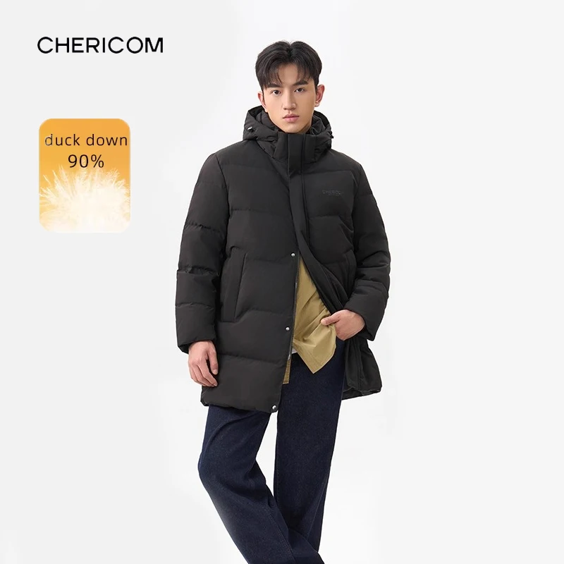 Chericom Men's Mid-Length Down Jacket Removable Hood Velvet Collar Winter Coats Zipper Side Pockets Casual Down Jacket Y309671Y