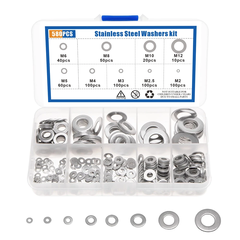 Kit Surtido de Arandelas Planas de Acero Inoxidable 304 (180/360/580 Piezas) - Juego de Juntas Tóricas para Tapones de Cárter
