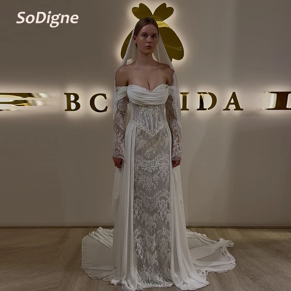 

SoDigne Mermaid Wedding Dresses Off Shoulder Lace Long Sleeves Bridal Dress 2026 Bride Gown vestidos de novia Customized