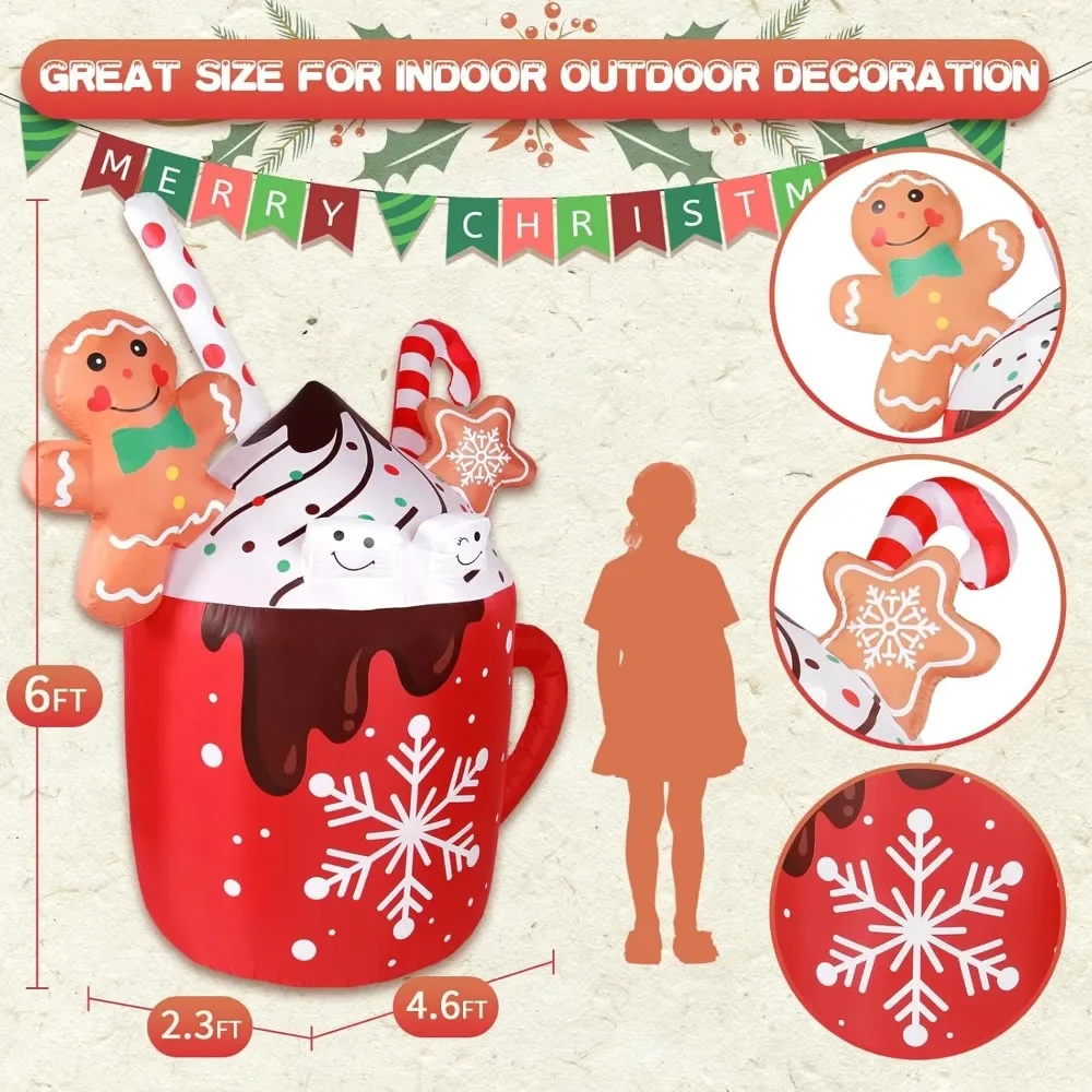 Gingerbread Inflatable, Cute Giant Gingerbread Man Inflatables Hot Cocoa Mug Candy Yard Decor Led Light , Gingerbread Inflatable