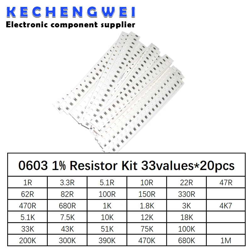 

0603 SMD Resistor Kit Assorted Kit 1ohm-1M ohm 1% 33valuesX 20pcs=660pcs Sample Kit