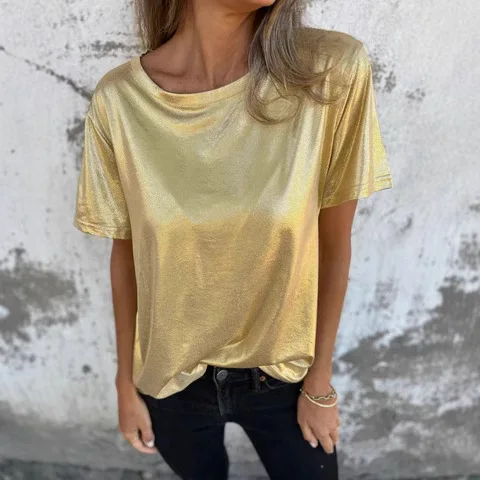 Hot Selling For Women 2025 Summer Woman Tops Shiny Loose Short Sleeve T-shirt Fashion Casual O-Neck T Shirts Street Tee Blusas
