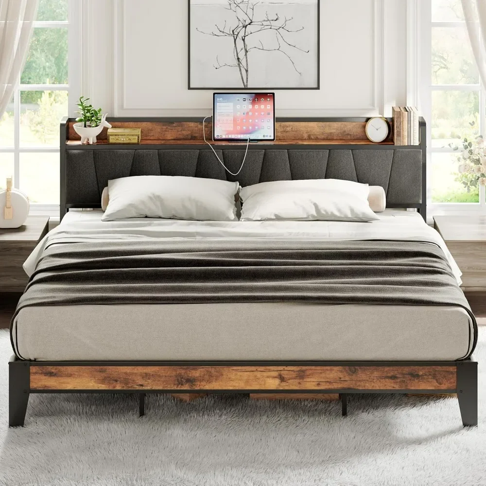 Full Size Bed Frame,Storage Headboard with Charging Station,Solid，Stable,Noise Free,No Box Spring Needed,Easy Assembly