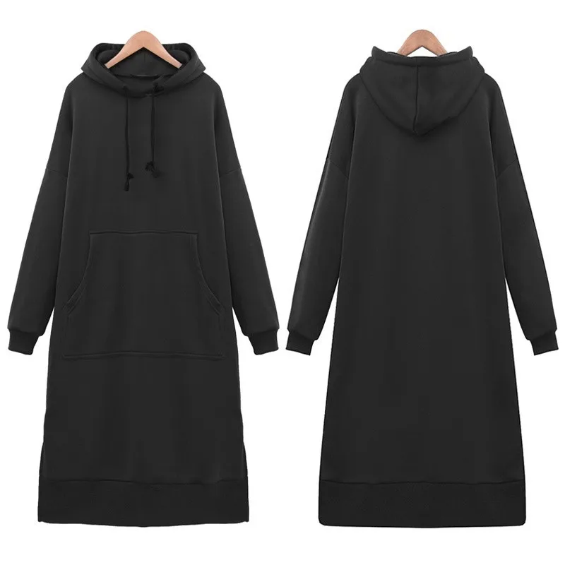 Women Hoodie Dress Autumn Winter Solid Color Casual Loose Long Sleeve Hooded Sweatshirts Pockets Female Long Hoodies