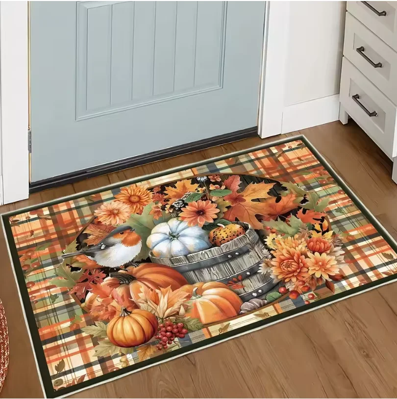 Fall Pumpkin Buffalo Plaid Border Welcome Doormat Autumn Harvest Maple Leaf Decor Rug Indoor Outdoor Front Entryway Floor Mat