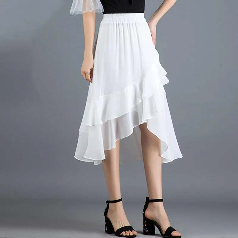 Новые осенние женские модные шифоновые длинные юбки, нерегулярные юбки с оборками, праздничная пляжная макси-юбка трапециевидной формы