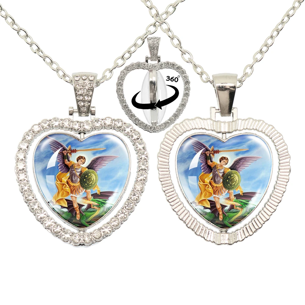 Archangel St. Michael Protect Me Saint Shield Double Sided Necklace 360 Degree Rotating Heart Shaped Pendant Jewelry For Friends