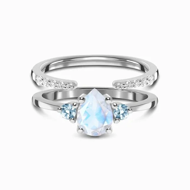 

S925 sterling silver water droplet double inlaid diamond moonstone ring female niche design simple