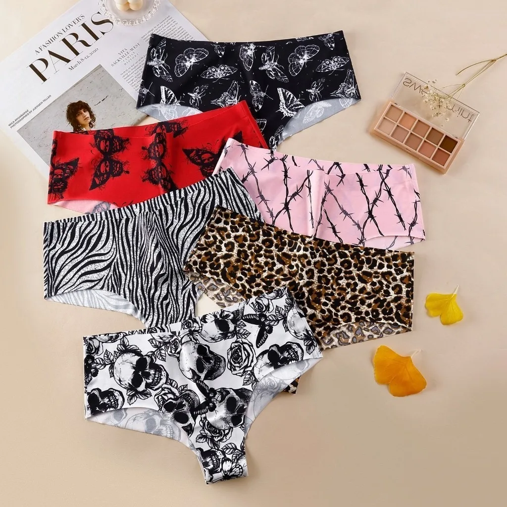 3pcs Mid Waist Panty Women Panties Seamless Underwear Set Sexy One Piece Ice Silk Print S-XL