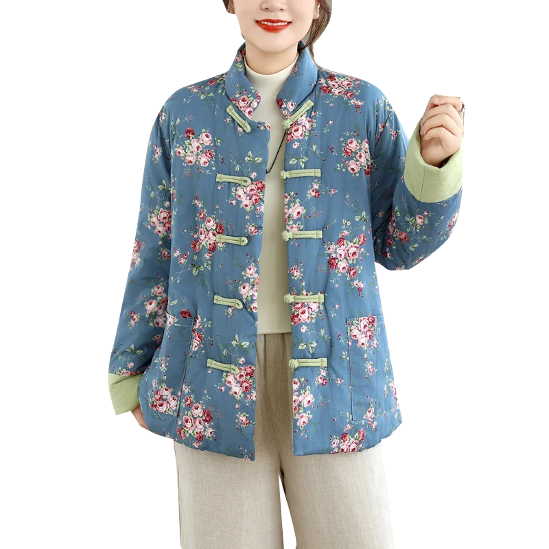 Thiened Warm Loose Large Size Cotton Jaet New Chinese Sle Floral Cotton Coat Autumn Winter New Arrival Faionable Commute