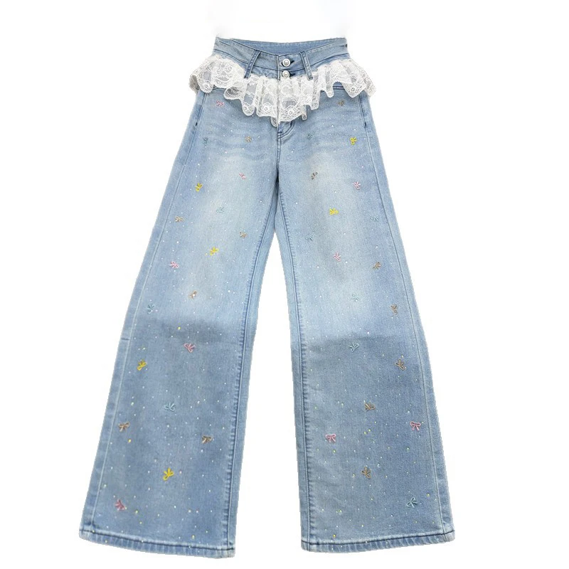 WTHT Trendy Summer 2026 Women Rhinestone Embroidery Bow Design Denim Pants Spliced Lace High-waist Straight Jeans Female 1LS3108