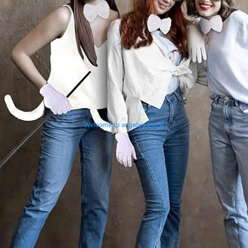 X4YC مجموعة إكسسوارات زي الفأر 6 قطع، عصابات رأس لآذان الفأر نظارات شمسية دائرية قابلة للطي وقفازات بيضاء وربطة عنق #3