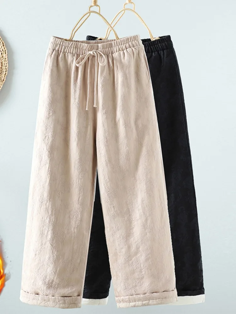 

High Waist Wide Leg Pants Women's Casual Linen Thickened Winter Cotton Blend Comfortable Long Trousers Chinese Style Straight...