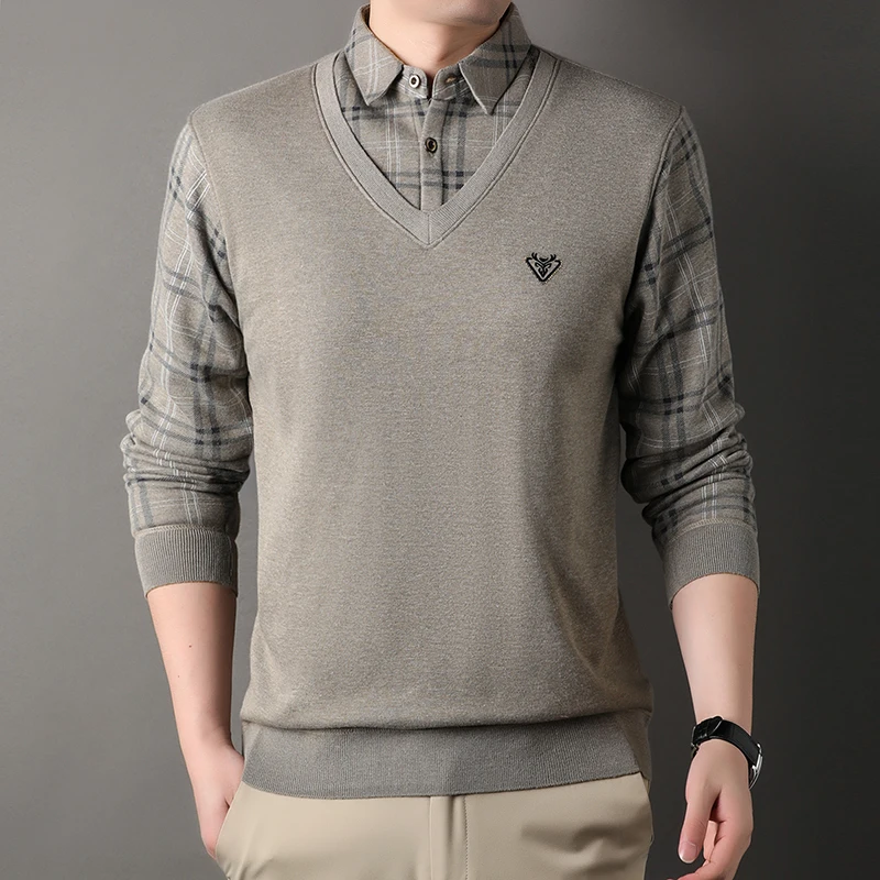 

Fleece Lined Men's Knitted Sweater Shirt Warm Autumn Winter Pullover Fake Two Piece Fashion Casual Thickened Jumpers Knitwear