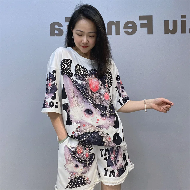 Summer Two Piece Set Womens Outfits Printed Diamonds Loose Short Sets Casual Knitting Tops and Shorts костюм женский летний