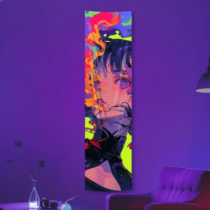 VIKAMA Blacklight Anime Girl Tapestry Smoke UV Glow Neon Vertical Wall Hanging Banner for Bedroom Dorm Game Room Wall Art Decor
