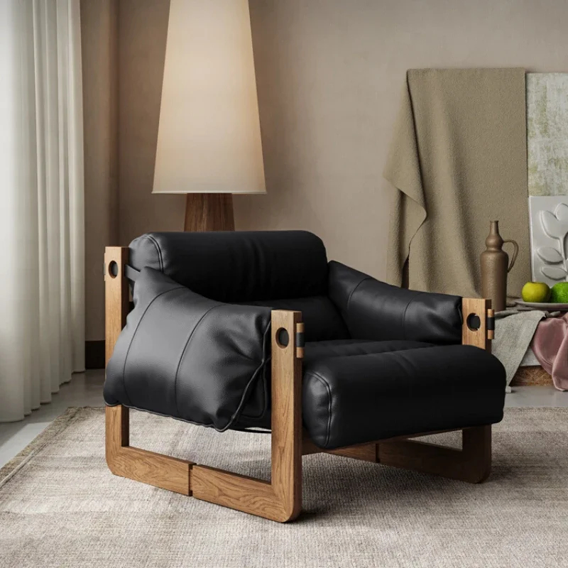 Leather leisure chair Jersey series HIER retro style living room solid wood rest reading single chair