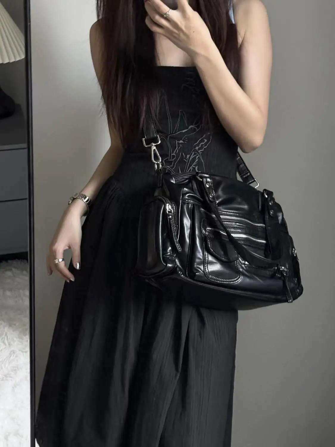 حقائب كتف سوداء عتيقة محفظة نسائية عالية الشارع جيب أنيقة Y2k حقيبة يد نسائية Harajuku حقائب كروس غير رسمية Bolsos Mujer