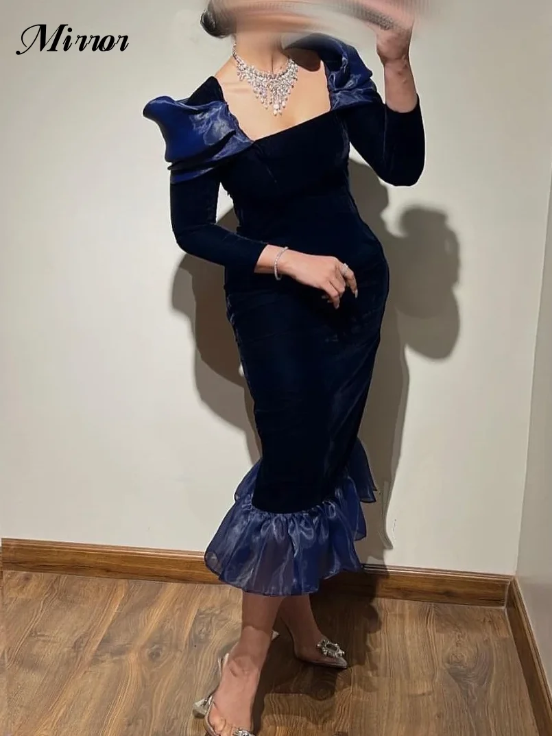 

Mirror Dress Elegant Vintage Blue Velvet Ruffle Square Collar Mermaid Customized Formal Occasion Prom Dress Evening Party Gowns