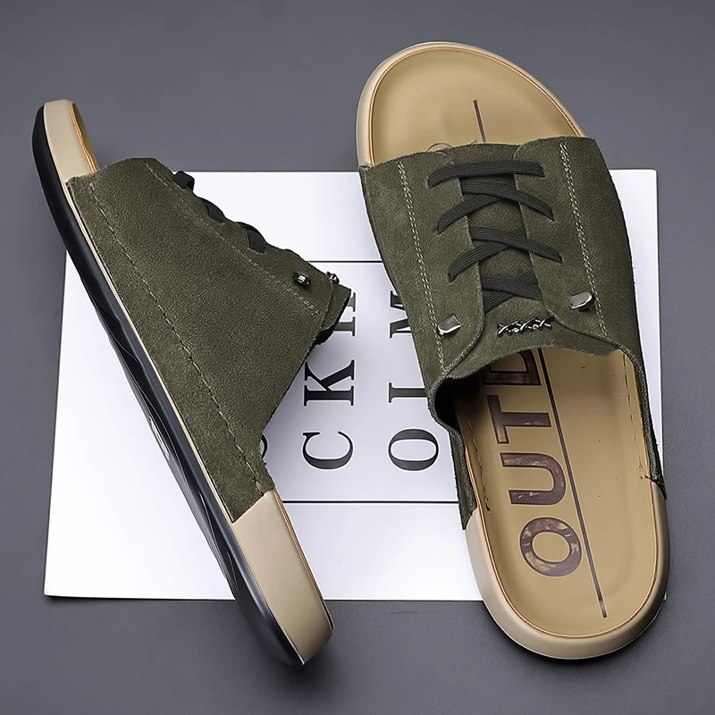 

Leisure Walk Slippers for Man Fashion PU Leather Half Drag All-match Beach Sandals Non-Slip Male Flip Flops Open-toe Men Slides