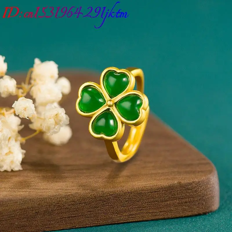 Natural Green Jade Four-Leaf Clover Ring Vintage Fashion Adjustable Rings Accessories Charm 18K Gold Plated Gifts for Women