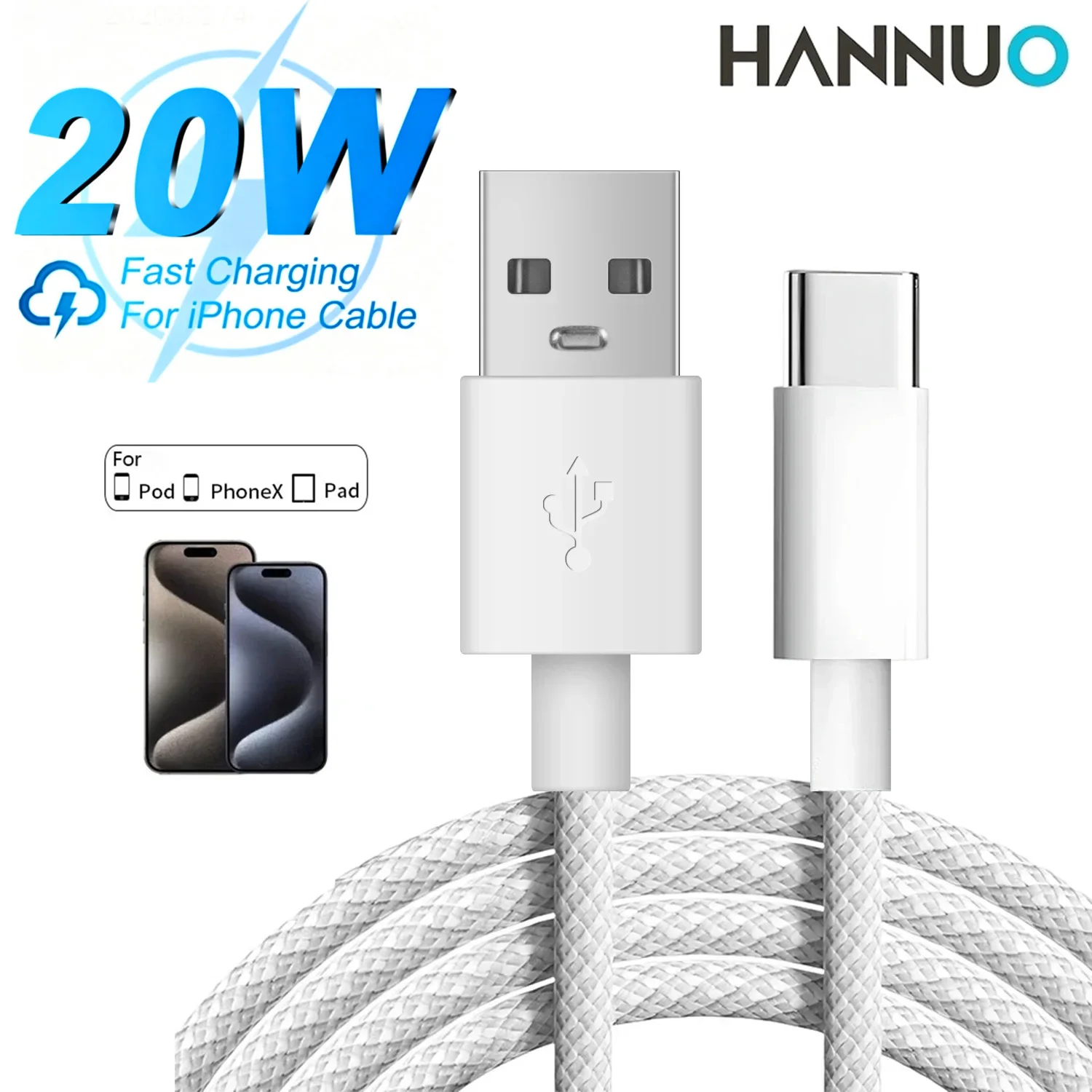 HANNUO USB Type C Charging Cables Nylon Braid 20w High-speed Data Wire USB A to Type C Quick Charger Cord for Samsung IPhone USB