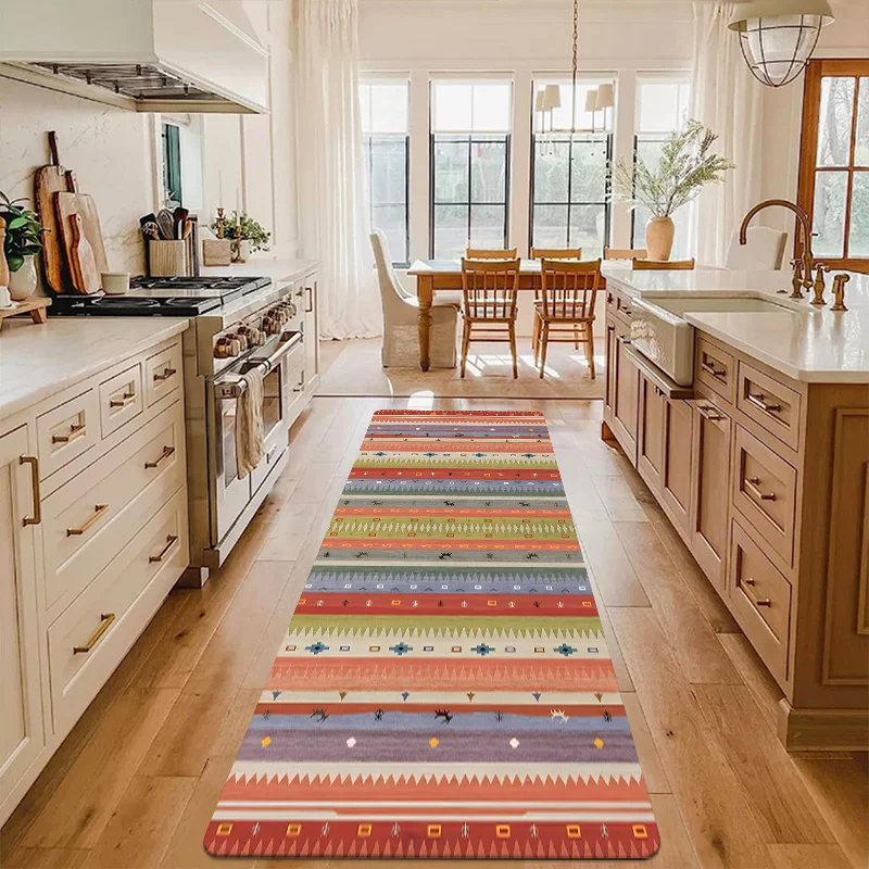 Bohemian Southwestern Tribal Print Long Runner Rug, Colorful Aztec Geometric Pattern Non-Slip Washable Floor Mat for Kitchen