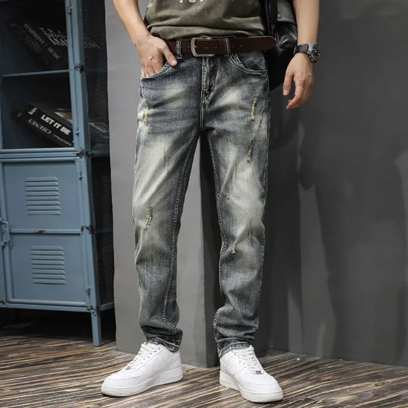الشارع مصمم أزياء الرجال الجينز الرجعية غسلها تمتد سليم صالح ممزق الجينز الرجال Y2K التطريز خمر الدنيم السراويل Hombre