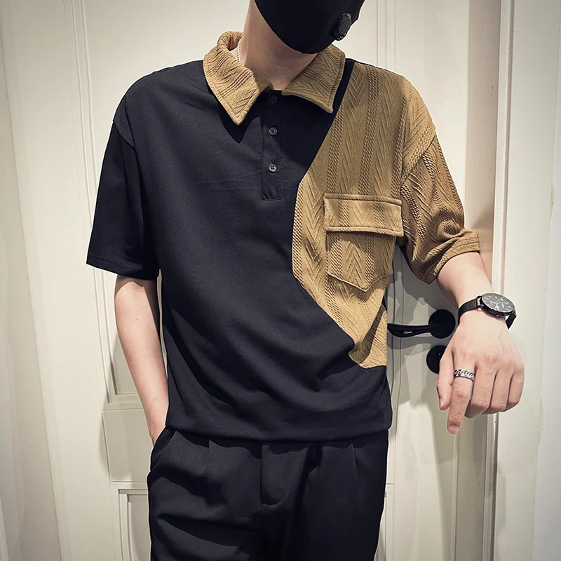 

Korean Fashion Patchwork Polo T-shirt Men Shoer Sleeve Loose Casual T Shirts Social Streetwear Lapel Tee Tops Men Clothing 2023