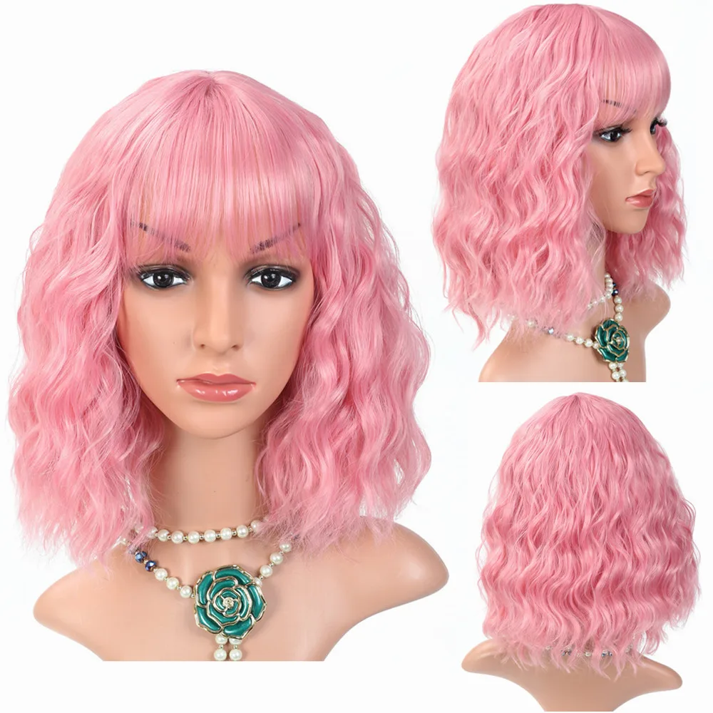 Bobo Wavy Wig Synthetic Cosplay Pink Hair Women Medium Bob with Bangs for Girl Head Cover