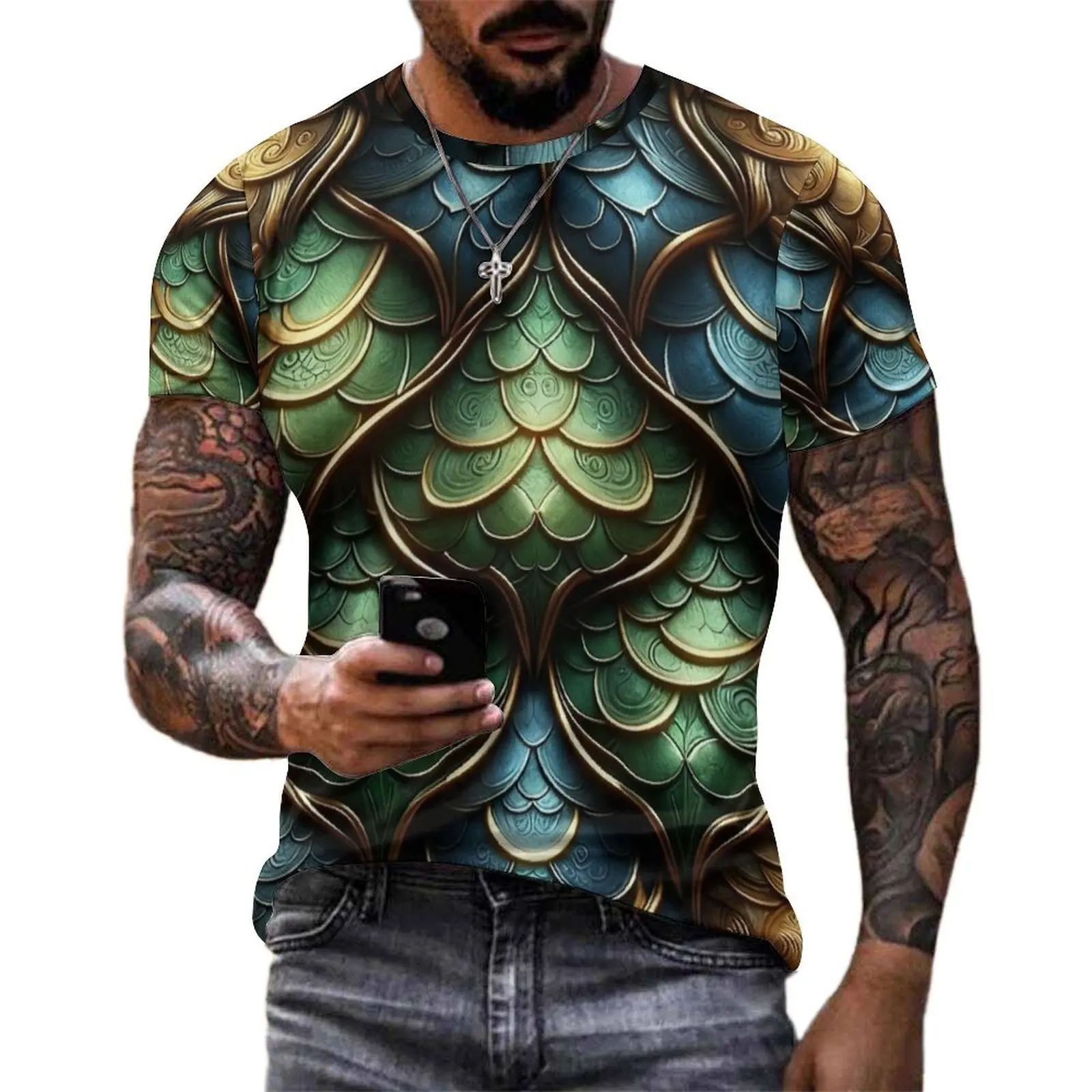 Original T-Shirt Vintage Armor Scale Print T Shirts  Casual Popular Tees For Man Short Sleeve Design Plus Size Clothing