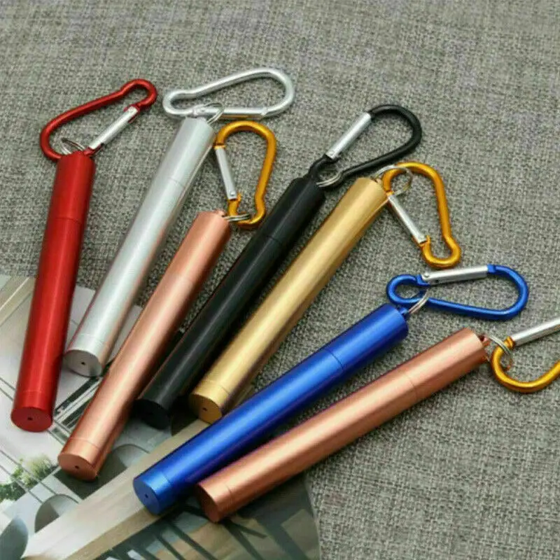 Stainless Steel Foldable Reusable Drink Straw With Brush In a Keyring Case Colorful