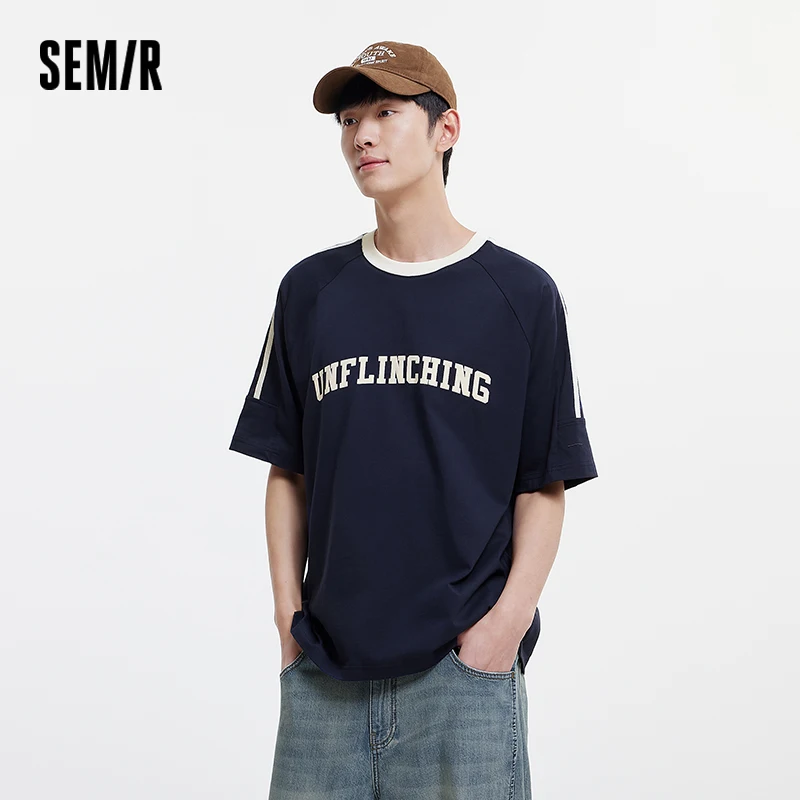 

Semir Men's Sporty College Style Short Sleeve Tee 2025 Summer New Two-Tone Letter Print Loose Fit Top