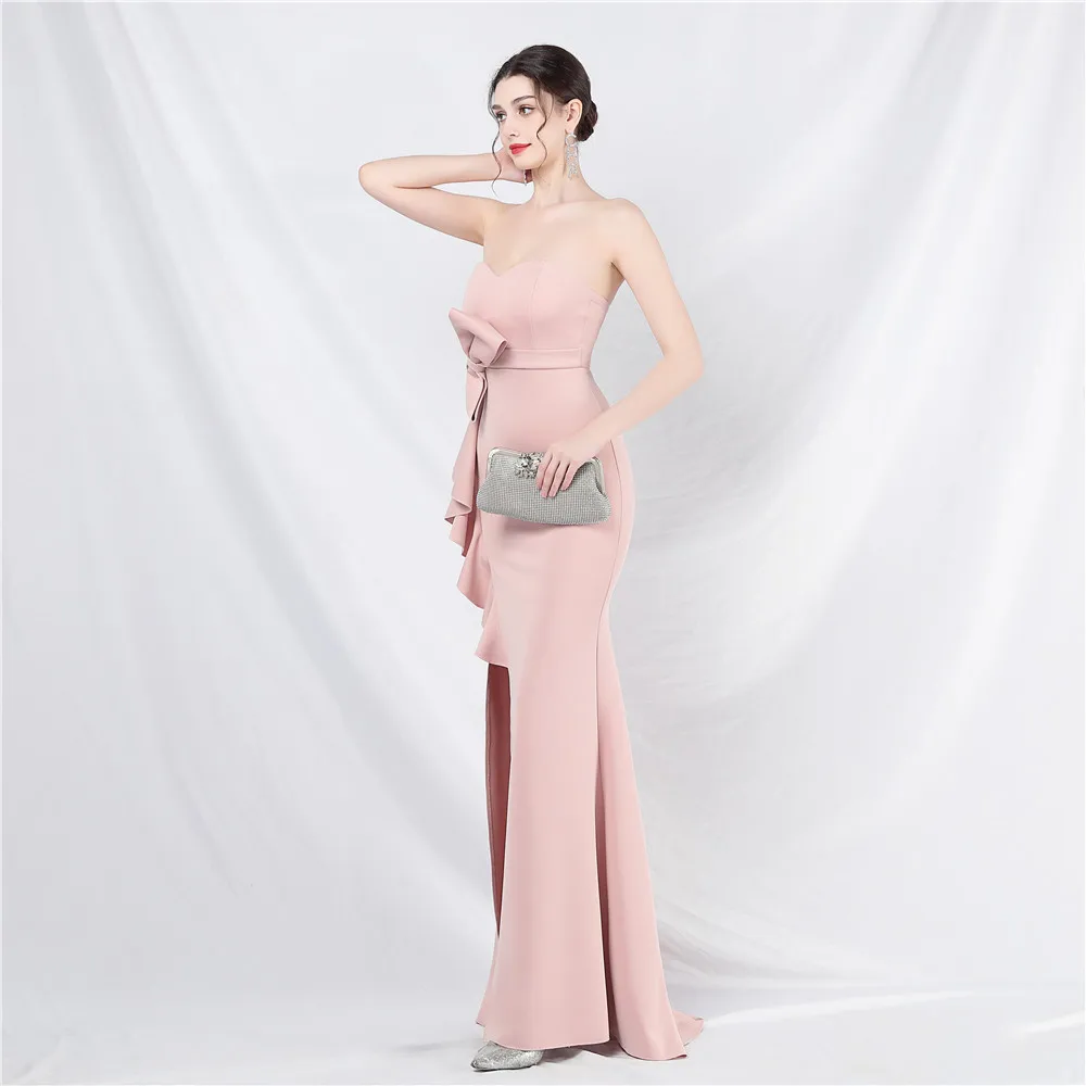 Sladuo Women Elegant Sexy Strapless Maxi Cocktail Dress With Bow Ruffles Split Evening Celebrity Club Dresses image 4