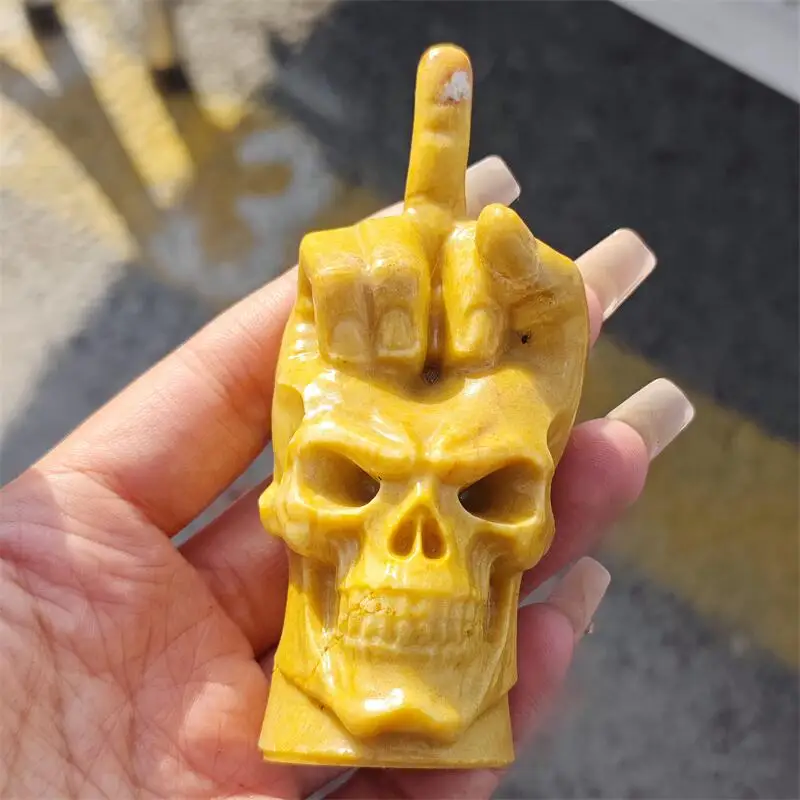 Natural Yellow Quartz Skull Middle Finger Gesture Carving Healing Fengshui Gemstone Crafts Children Birthday Holiday Gift 1PCS