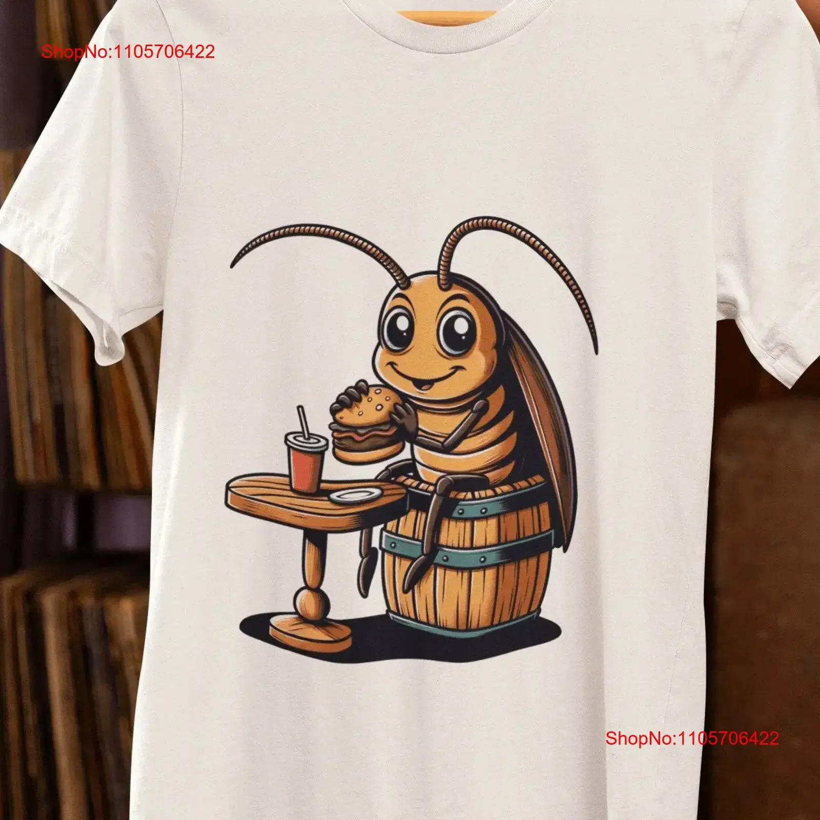 Whimsical Cockroach Cartoon T Shirt Funny Insect Burger Art Unique Animal Illustration Casual Wear vintage Washed Versatile