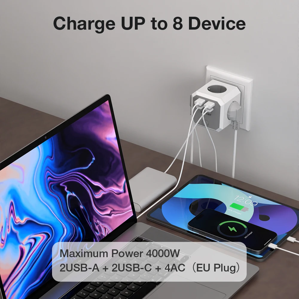 EUプラグ付きキューブ型壁コンセント,4つのACコンセント,2 BlitzWolf-BW-EC2 2 USB-A,8 in 1,USB-C w,4000