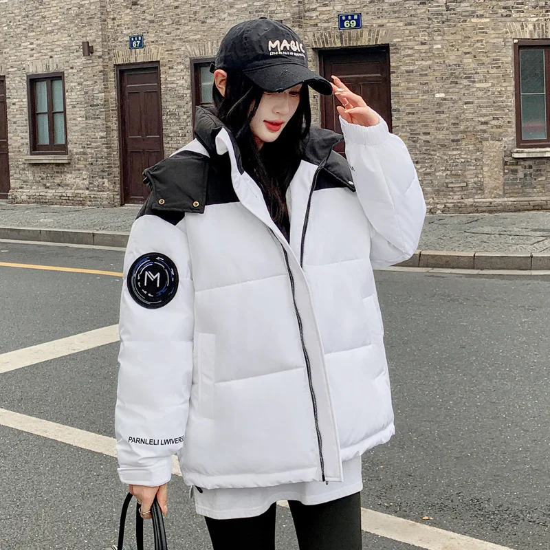 2024 Winter Women's Outerwears Female Contrast Hooded Casual Bread Jacket Women's Thicken Warm Cotton Jacket Parkas