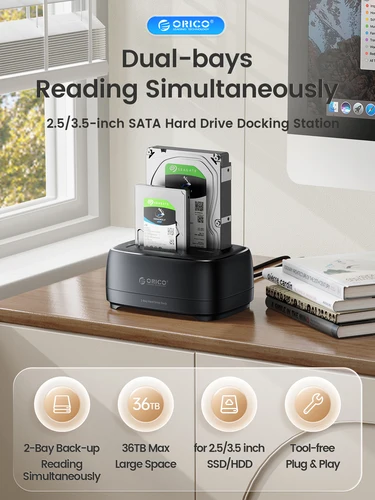 Imagen 2 del producto Estación de disco duro ORICO de doble bahía USB3.0 5Gbps tipo C HDD estación de acoplamiento con adaptador de corriente de 12V 3A para HDD/SSD de 2,5/3,5 pulgadas