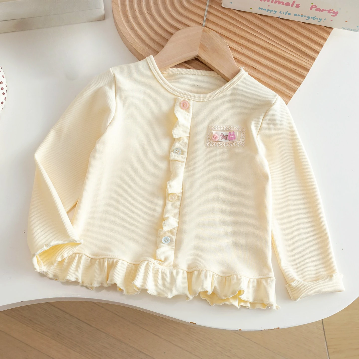 2026 Fall New Girls Sweet Ruffled Long Sleeve T Shirt Cardigan Little Patch Soft Skin Friendly Light Long Sleeve