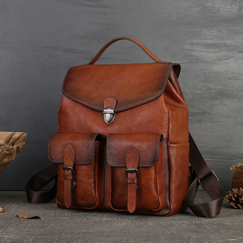 2025 Layer Cowhide Backpack Men's And Women Leisure Travel Vintage Large Capacity Leather Buckle Backpack SchoolBag