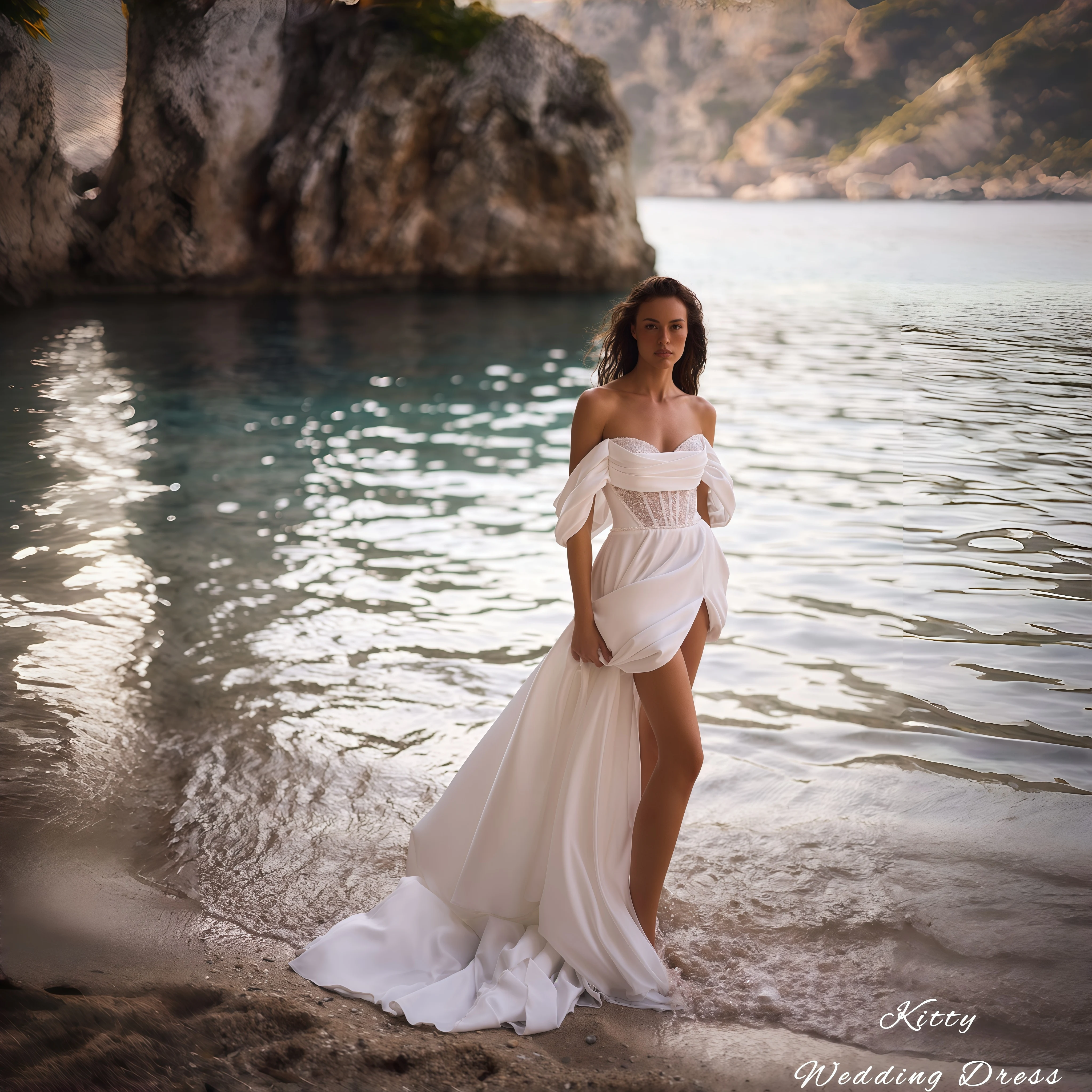 

Kitty Customized Satin A-Line Wedding Dress Off-the-Shoulder Lace Strapless Backless Lace Up High Side Slit Train Bridal Gowns