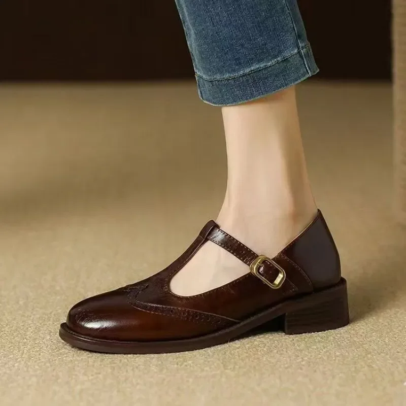 Damen Mary Jane Schuhe Vintage T-Riemen Flache Schuhe Elegante Niedrige Blockabsatz Oxfords Trendige Preppy Schul- und Anzugschuhe