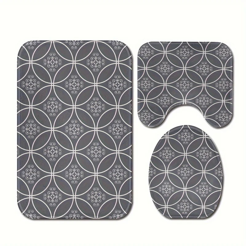 3 pcs/set retro round pattern printed floor mat, three-piece bathroom mat set, non-slip mat, water-absorbent mat, toilet lid mat