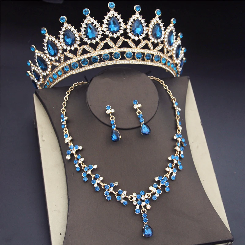 

Luxury Blue Crystal Bridal Jewelry Sets for Women Fashion Tiaras Earrings Necklaces Set Wedding Crown Necklace Bride Set