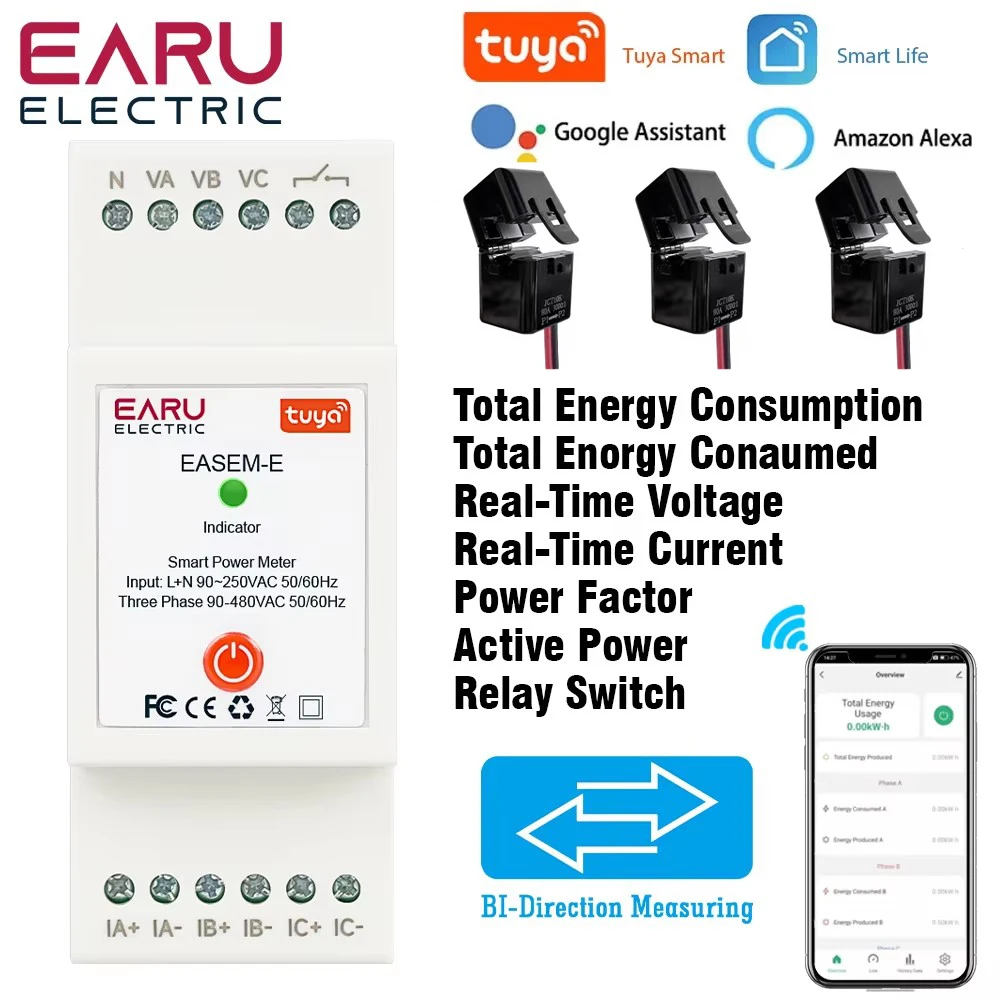 TUYA WiFi Smart Three Phase AC90-480V Bi-Directional Measurement Power Energy kWh Meter Monitor with 3PCS CT Clamps Switch Relay