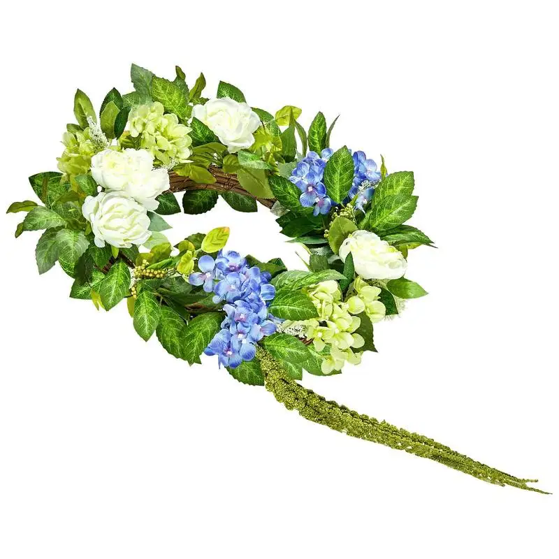 Guirlande décorative artificielle, 58,42 cm, bleu-blanc-vert, décorée d'hortensias, de roses, de baies et de vigne, guirlande de porte adaptée à une utilisation toute l'année, en intérieur et en extérieur, comme décoration pour les murs de la maison, les fenêtres et les fêtes.
