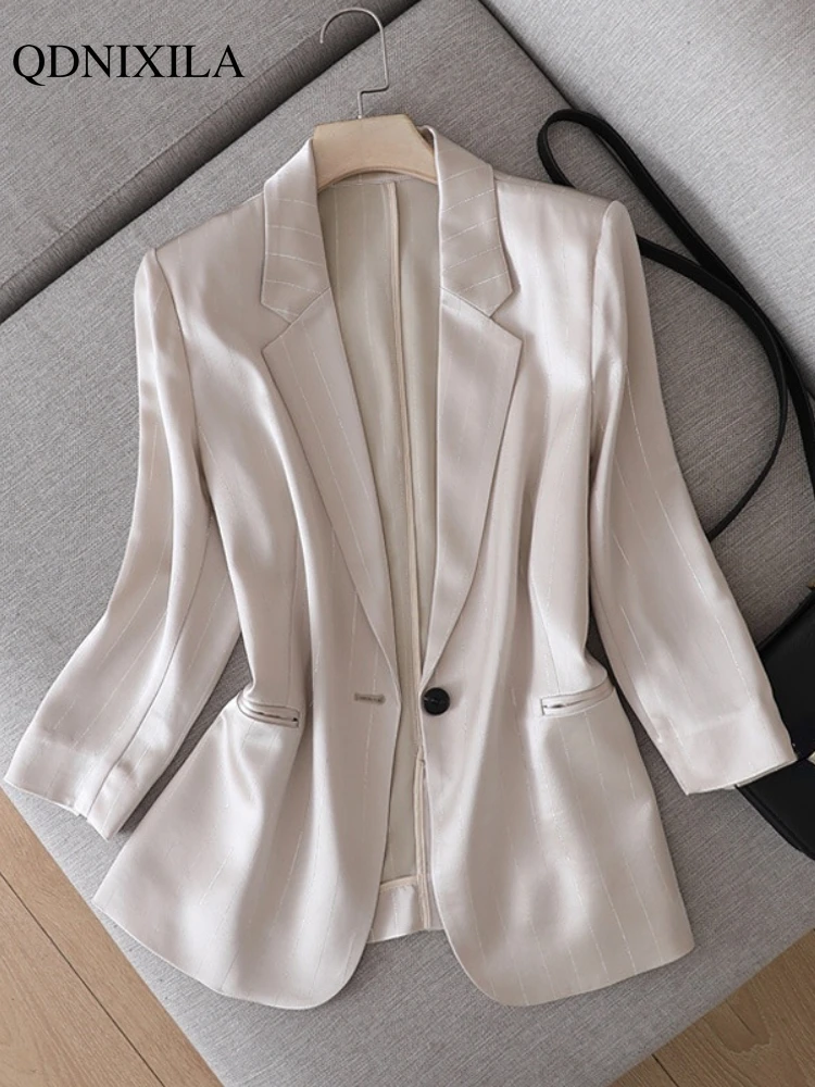 2022 Summer New Japanese Fashion Shiny Acetate Satin Small Women\'s Blazers Jacket Elegant Designer Slim Saggy Silky Ladies Suit